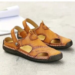 HSY Fashion Men's 100% Caoutchouc Leather Closed Toe Sandal Brown Size 47